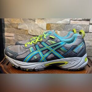 Women'sSz 8 Asics Gel-Venture 5 running shoes a gray blue neon green/lime EUC